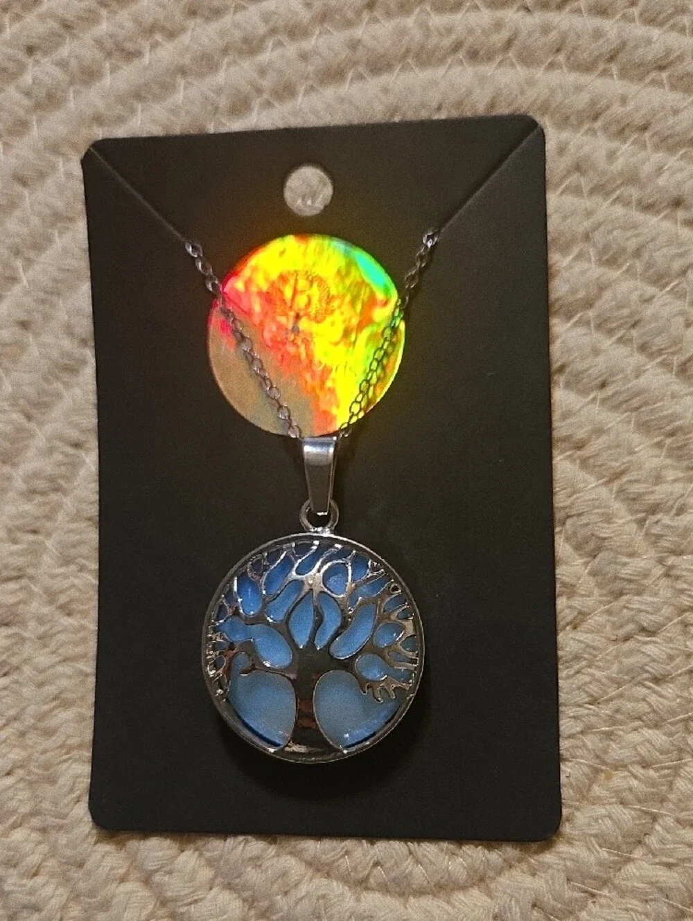 Blue Tree of Life Enamel Pendant Necklace - Silver Tone